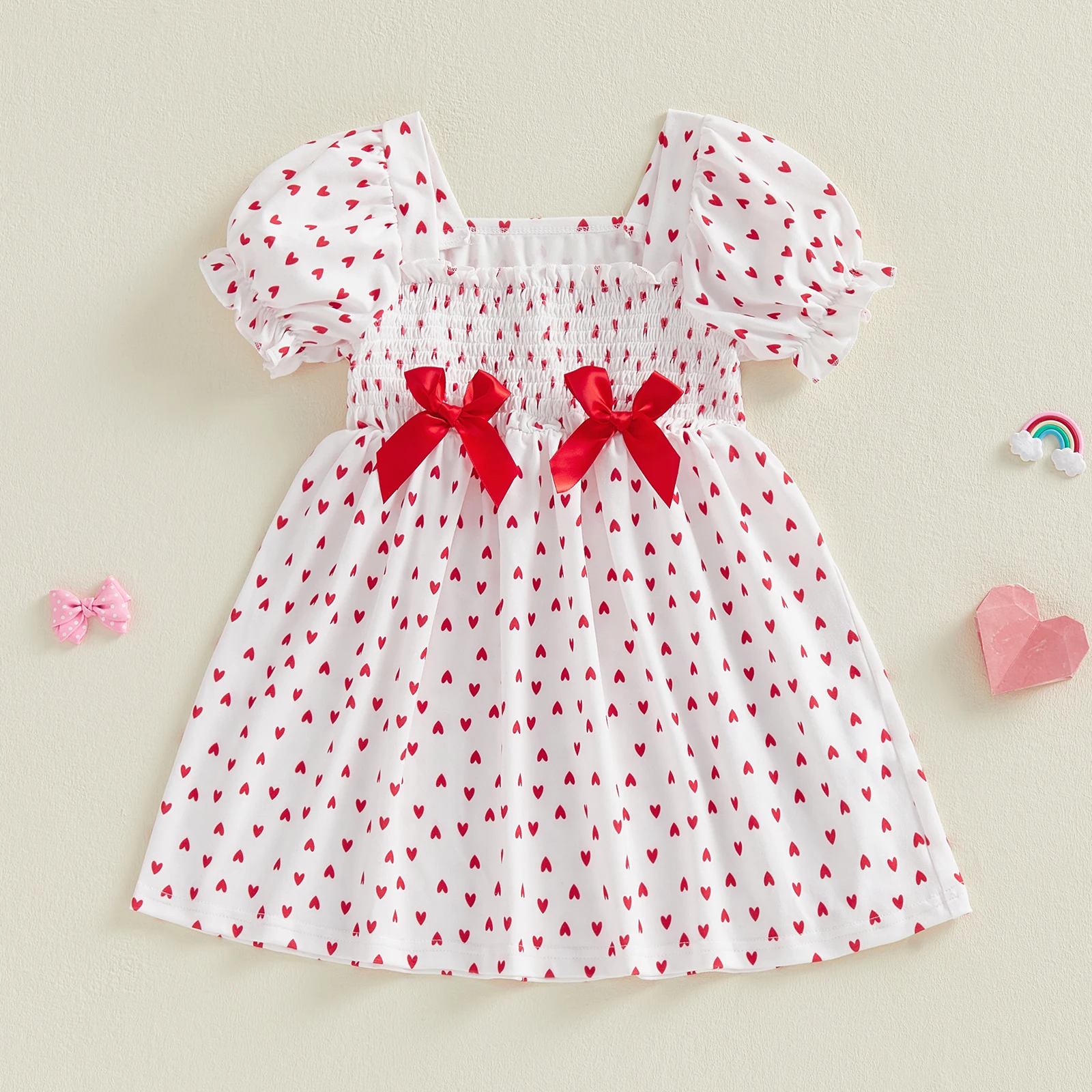 Toddler Baby Girl Valentine's Day Dress Puff Short Sleeve Square Neck Heart Print Smocked A Line Dresses