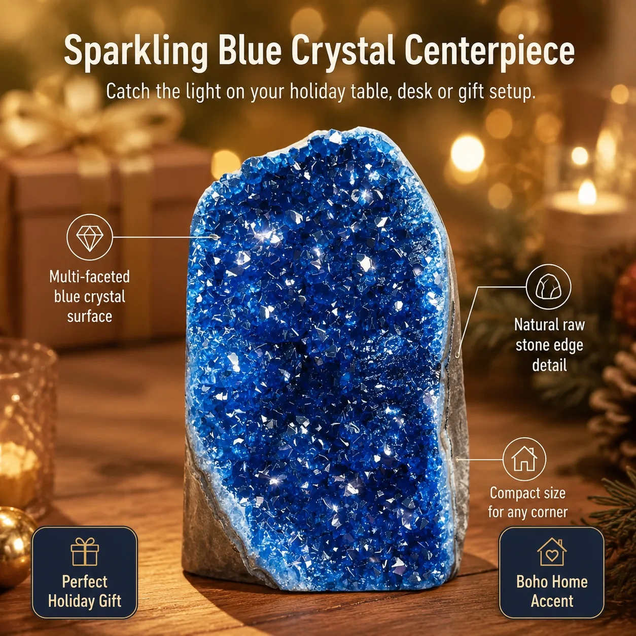 1 elegant blue crystal cluster, random style, decorative mineral crystal stone, suitable for home, office, and study decoration, perfect gift for family and friends on Christmas, Halloween, and Thanksgiving