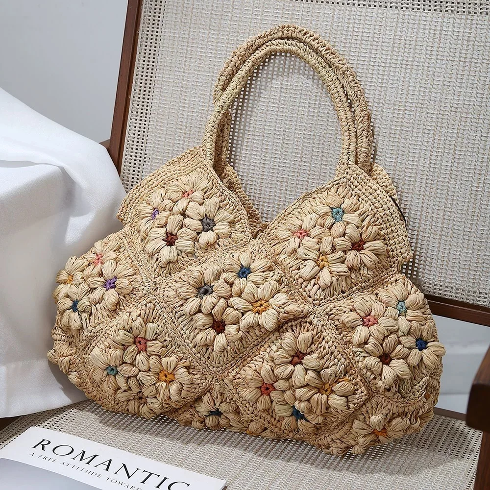 

2025 New French Fashion Handmade Flower Natural Raffia Straw Grass Bag For Women Colorful Seaside Vacation Beach Tote Bag