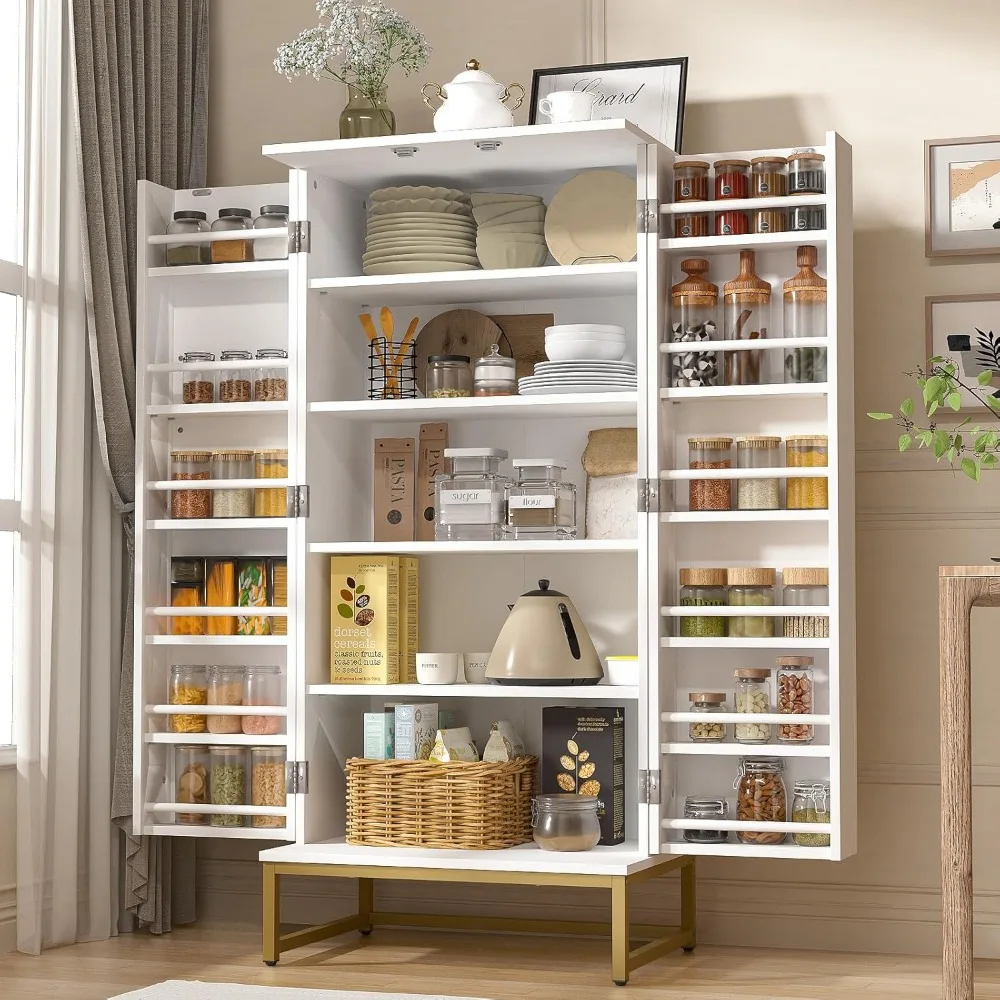 خزائن مخزن مقاس 51 بوصة، خزانة تخزين مخزن المطبخ بيضاء قائمة بذاتها مع أرفف قابلة للتعديل، خزانة تخزين لخزائن البوفيه