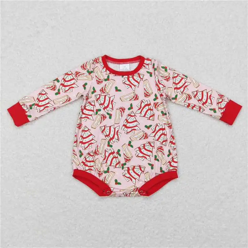 Wholesale hot sale western boutique newborn toddler Baby Girls Christmas tree bow pattern pink lace long-sleeved onesies