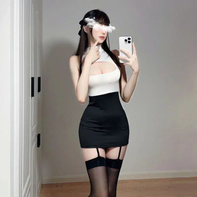 White Sexy Lingerie Cosplay Office Lady Micro MINI Dress Women Stewardess Outfit Secretary Open Chest Dresses Costume