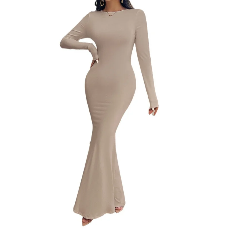 DY-2024Autumn and Winter Women's Sexy Slim round Neck Solid Color Long Sleeve Dress