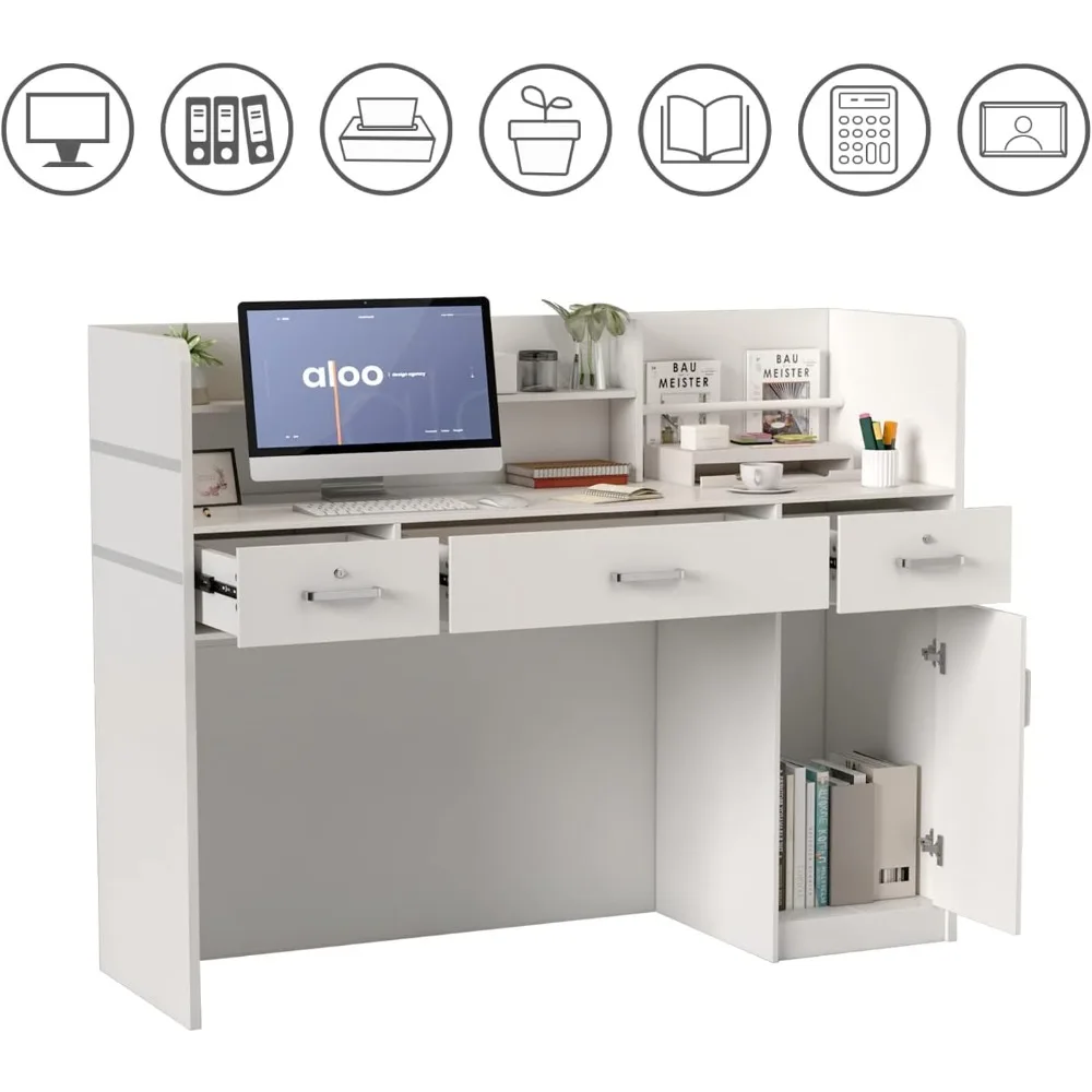 محطات استقبال مع رف وأدراج مفتوحة، مكتب طاولة خشبي مع درج قابل للقفل لغرفة الاستقبال المكتبية