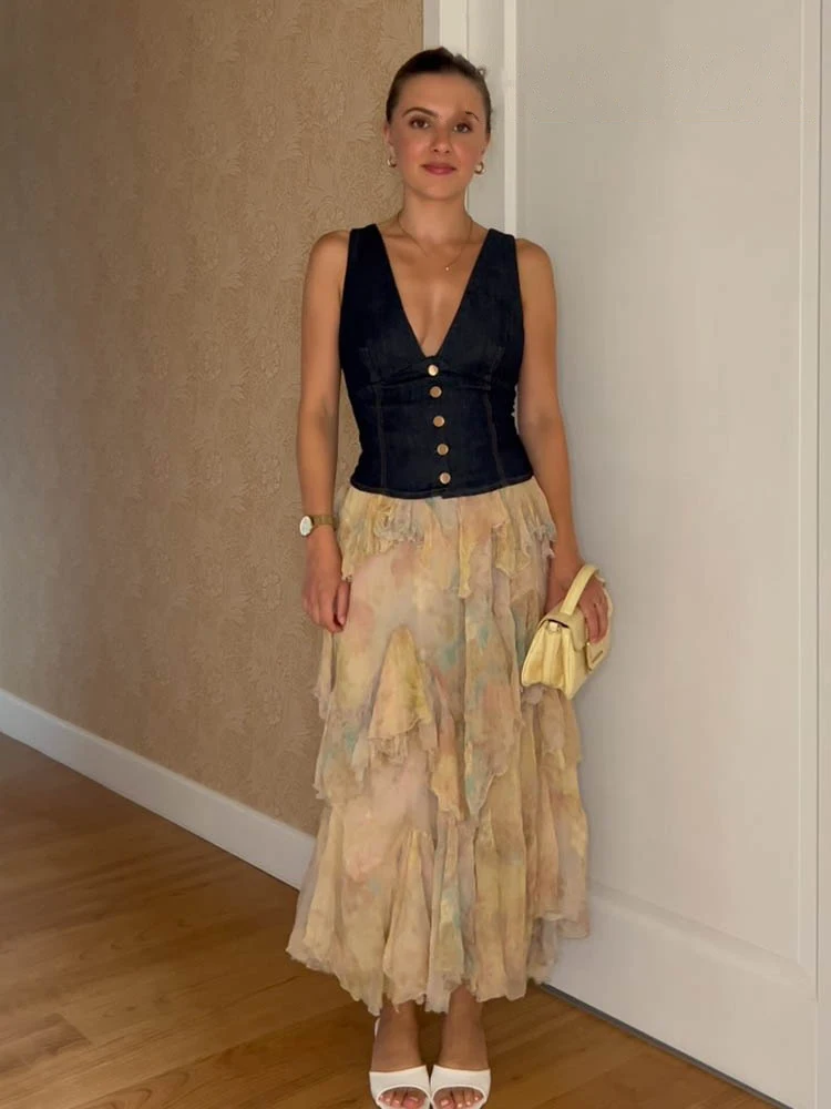 

HH Female New Summer Fashion Elastic Waist Casual Pleated Elegant Skirt Women Tie-Dye Print Layered Decoration Long Skirt