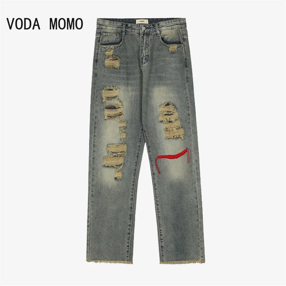 

Streetwear Designer Men Ripped Jeans Personality Patchwork Pocket Korean Ripped Hole Stitching Denim Trousers Male Hip Hop