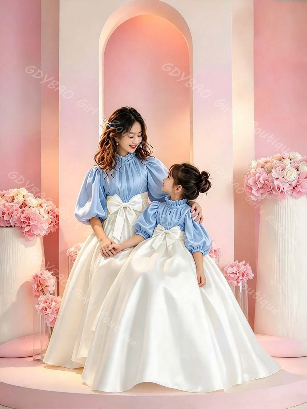 Elegante Vestido de Fiesta para Damas de Honor con Cuello de Volantes y Mangas Abullonadas, Vestido de Primera Comunión, Ropa a Medida para Madre e Hija