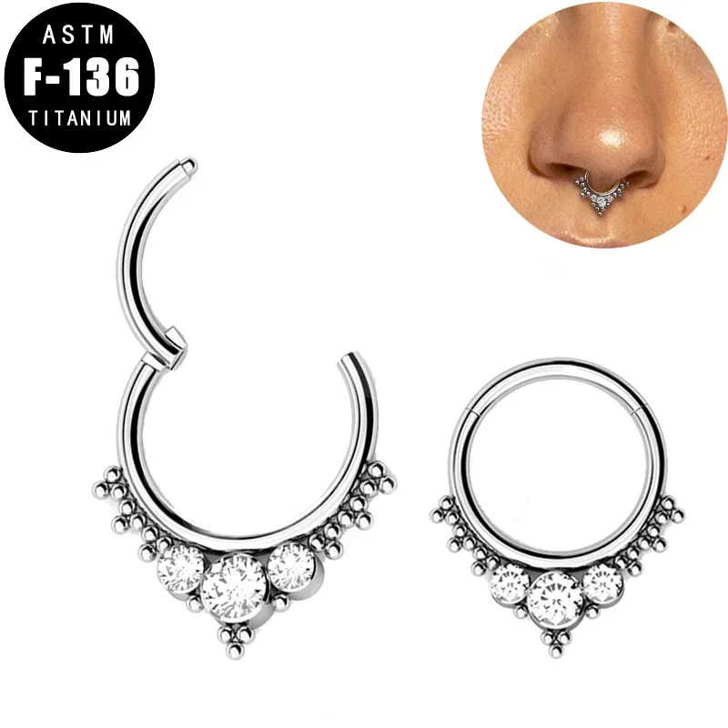 ASTM F136 Titanium Nose Ring 3 CZ Cluster Bead Hoop Ring Cartilage Nose Septum Hinged Segment Helix Lip Earring Piercing Jewelry