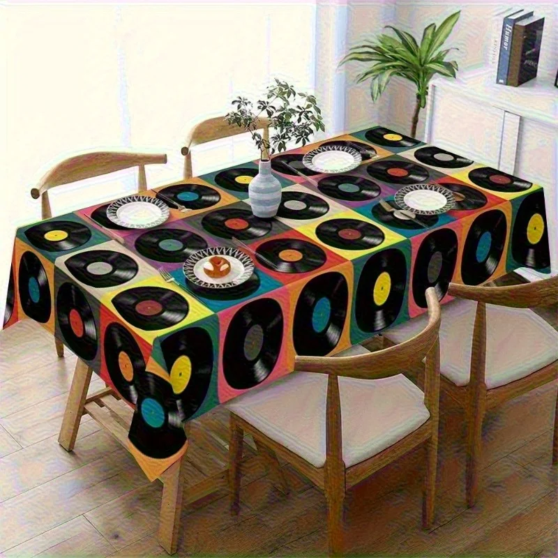 Vibrant Record Album Print Tablecloth Waterproof Dining Table Cover for Kitchen and Party Decor