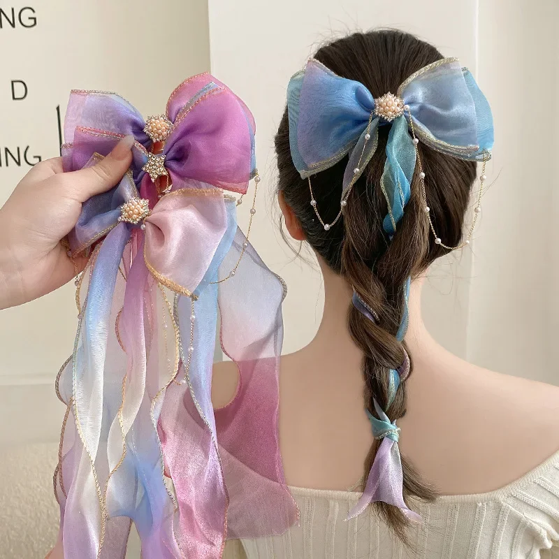 

Super Fairy Bow Headgear Headband Women' Tie Hair Ribbon Pearl Tassel Braided Hairpin Girls' Hair Accessories Children's Hairpin