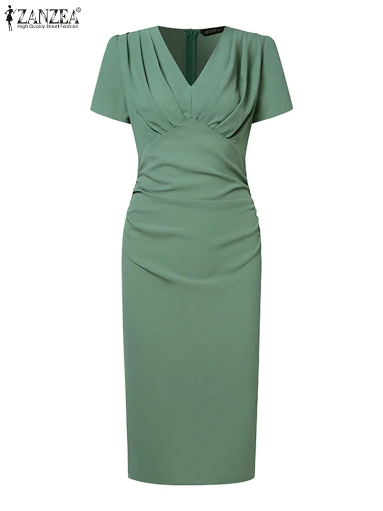 ZANZEA Eleganckie Sukienki Bodycon Damskie na Imprezę do Kolan Moda OL Dekolt V Krótki Rękaw Dopasowana Talia Plisowane Marszczone Szaty Femme