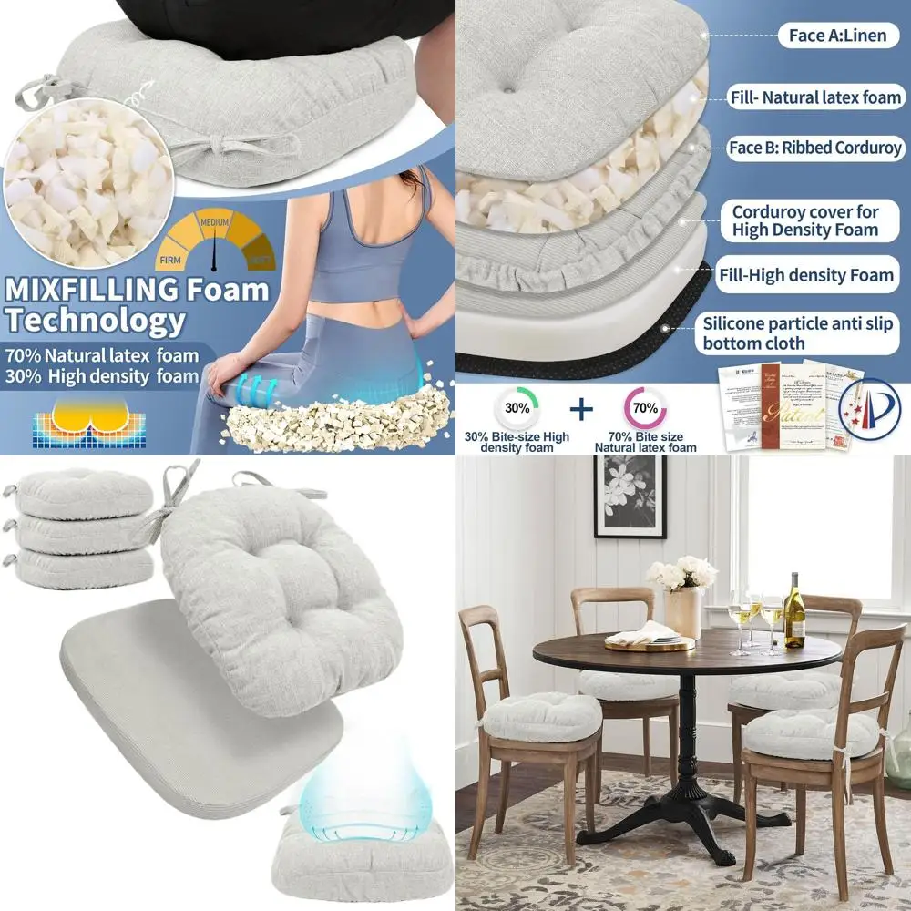 

Set of 4 Reversible, Non-Slip Dining Chair Cushions with Natural Latex Foam, Light Grey