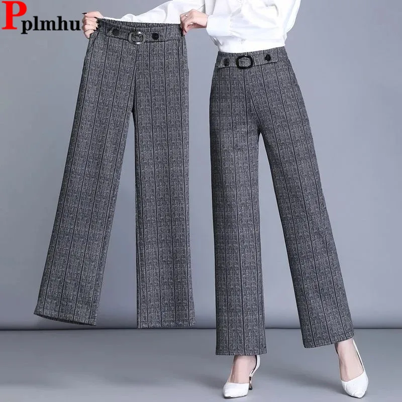 

Ol Plaid Ankle-length Straight Suit Pants Vintage High Elastic Waist Korea Casual Baggy Pantalones Office Elegant Women Spodnie