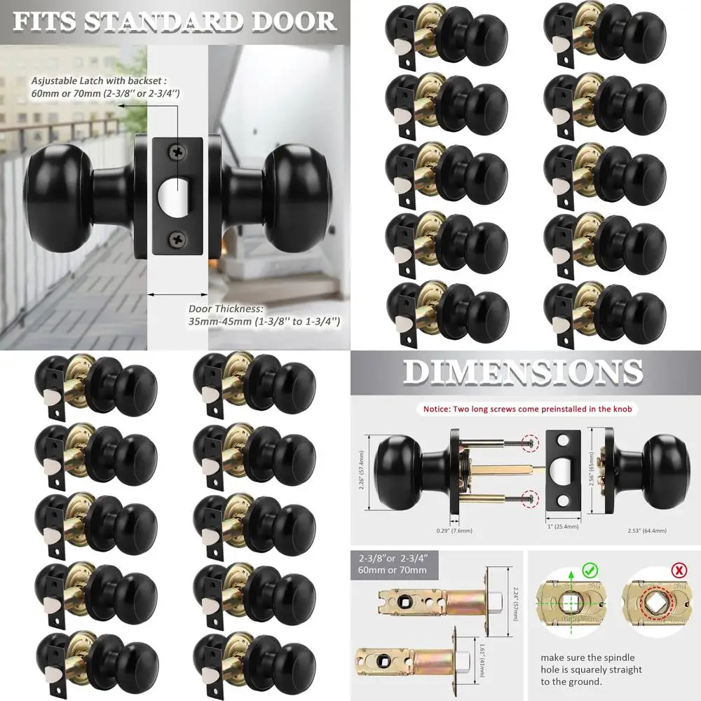 10 Pack Black Passage Door Knobs - Non-Locking, Suitable for Interior/Exterior, Hallway/Closet Use