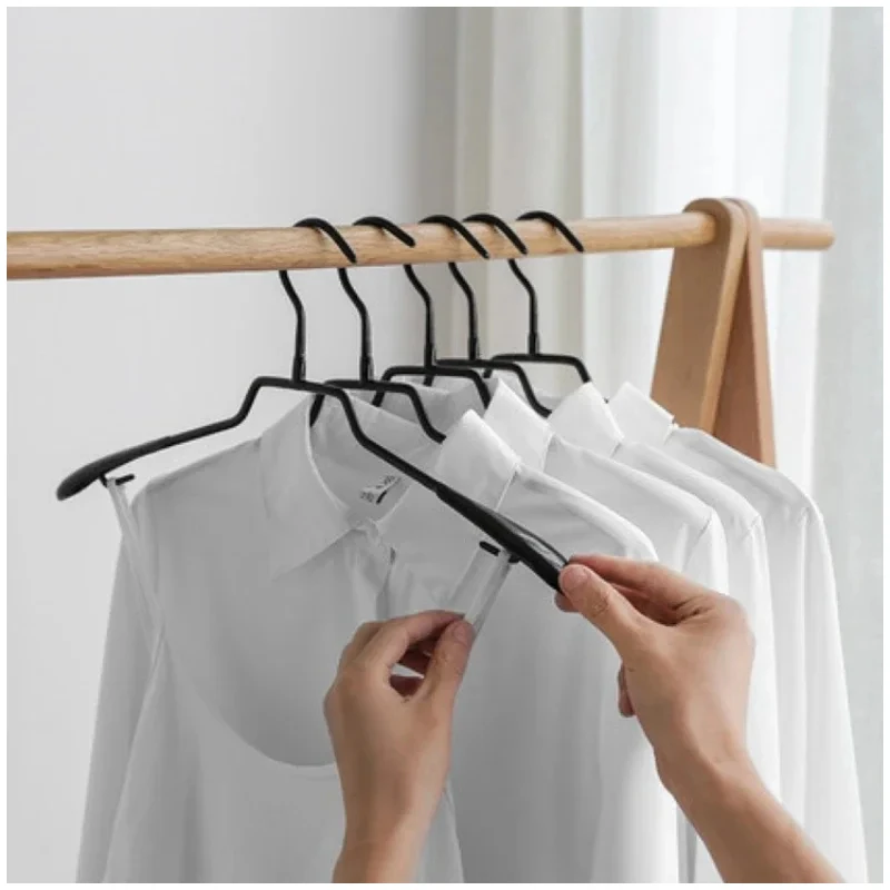 5PCS Black Household Clothes Hanger,Wide Shoulders Hangers with Non Slip Hook,Metal Dip Plastic Seamless Drying Rack for Closet