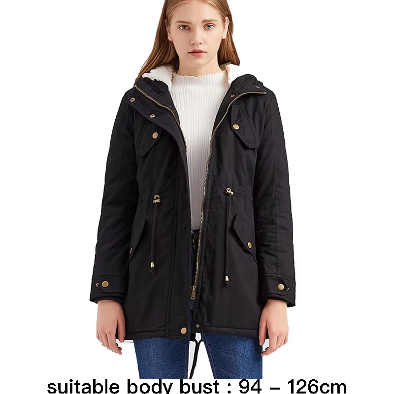 

High quality hooded zipper trench coat for women plush lining big size new winter 2023 casual clothes - black pink red