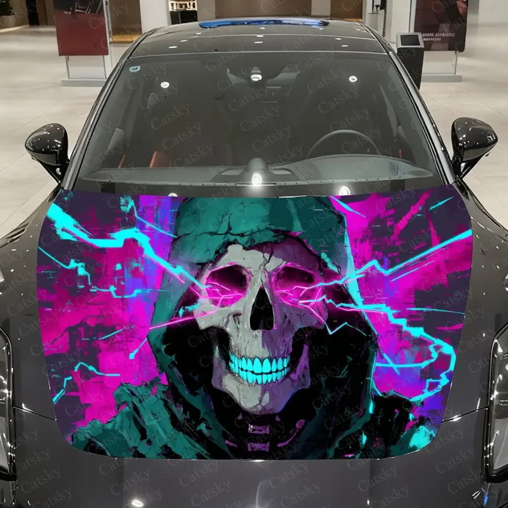 Hooded Skeleton with Purple Lightning Car Vinyl Wrap, PVC Material Waterproof Car Hood Sticker, Self-Adhesive Scratch-Resistant