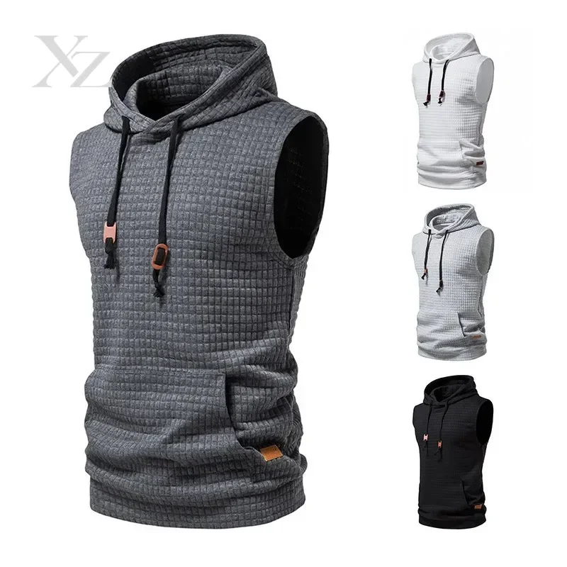 2024 Mens Sleeveless Hoodies Men bodybuilding tank top sporting Shirt waistcoat vest gym Fashion Casual Zipper Hooded Sweatshirt