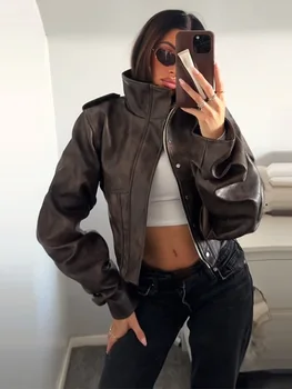 Women’s Cropped Faux Leather Jacket 3 Vintage Women's Cropped Faux Leather Jacket Stand Collar Balloon Sleeve Biker Style PU Leather Coat Streetwear Fashion Outfit 3