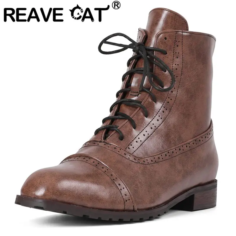 REAVE CAT White 2026 Men's Ankle Boots Round Toe 3cm Low Heel Lace Up Casual Daily Handmade Short Botas Large Size 47 48 49 50