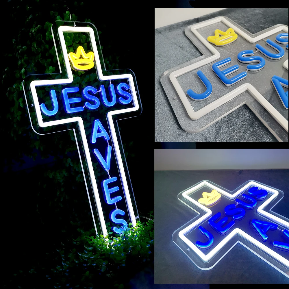 Imagem -06 - Personalizado Jesus Cruz Azul Sinal de Néon Led Cruz em Forma para Barra Cerveja Artesanal Vidro Real Decorar Decoração da Sala Parede Casa