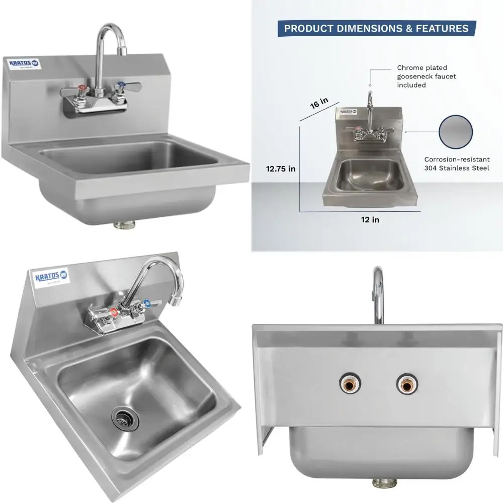 

Compact Stainless Steel Commercial Hand Sink Gooseneck Faucet, NSF Certified for Restaurant Use, 9W x 9D x 5H Bowl Size, Ideal f