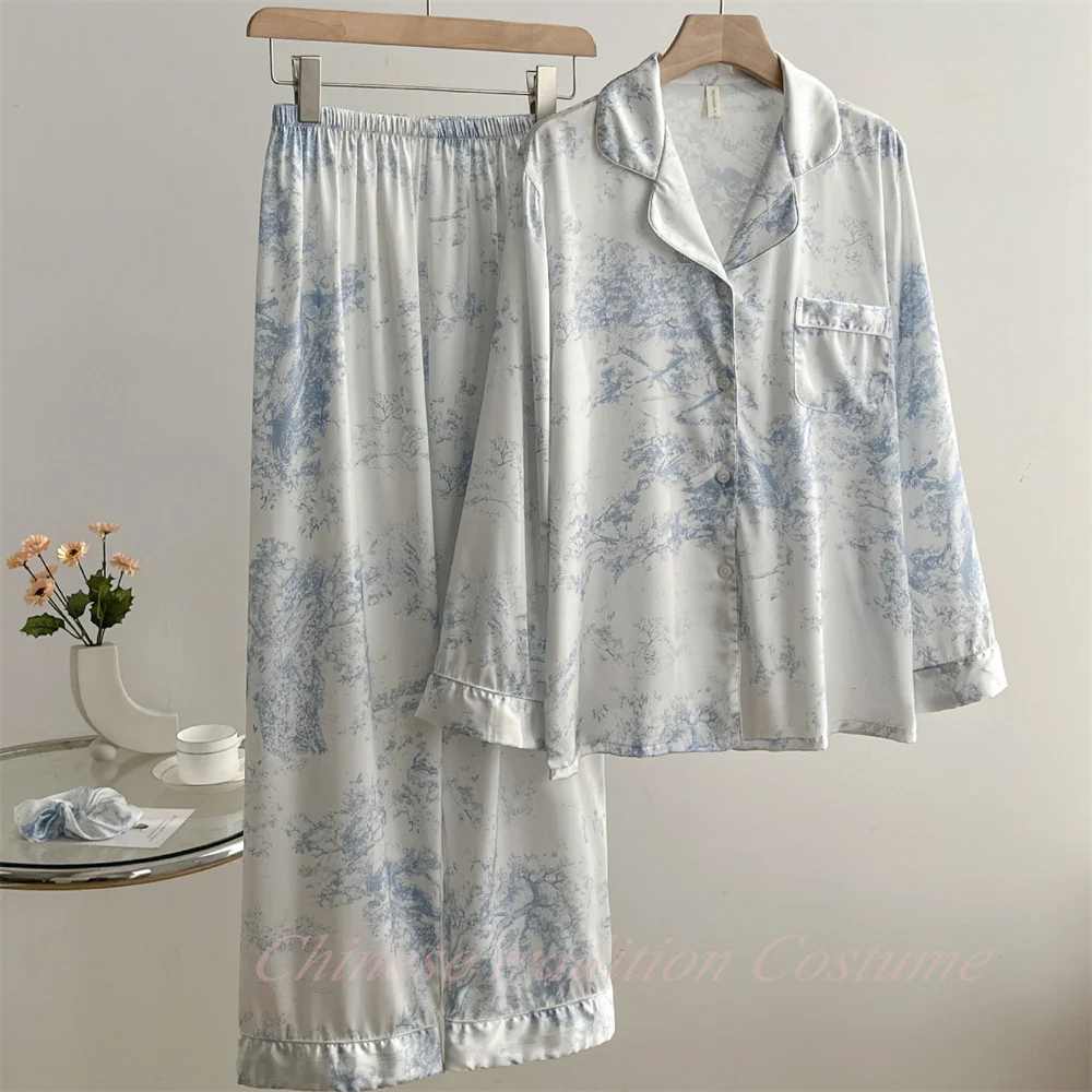 

Комплект пижамный женский атласный из 2 предметов, штаны с длинным рукавом и принтом чернил, одежда для дома, свободная ночная рубашка, на весну-лето