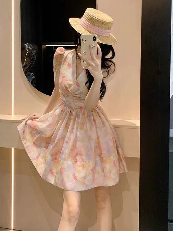 Floral Print Dr with  Waist-Cinching Ele Sweet Youthful Summer New Arrival A-Line Skirt High Waist Polyester Fabric