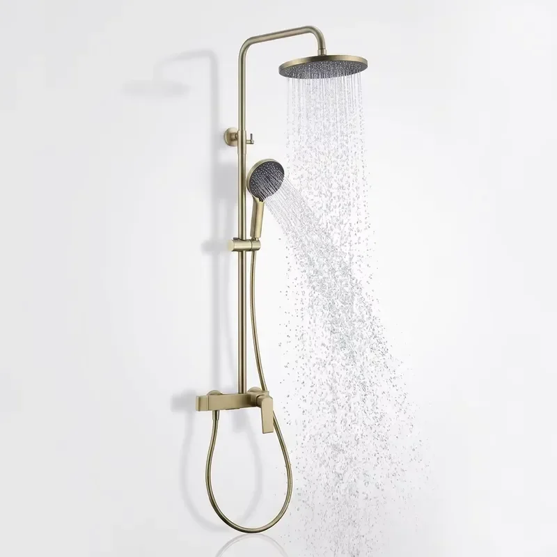 Brushed Gold Brass Wall Mounted Shower Set with Rainfall Head and Handheld Sprayer Ceramic Valve Core Hotel Use