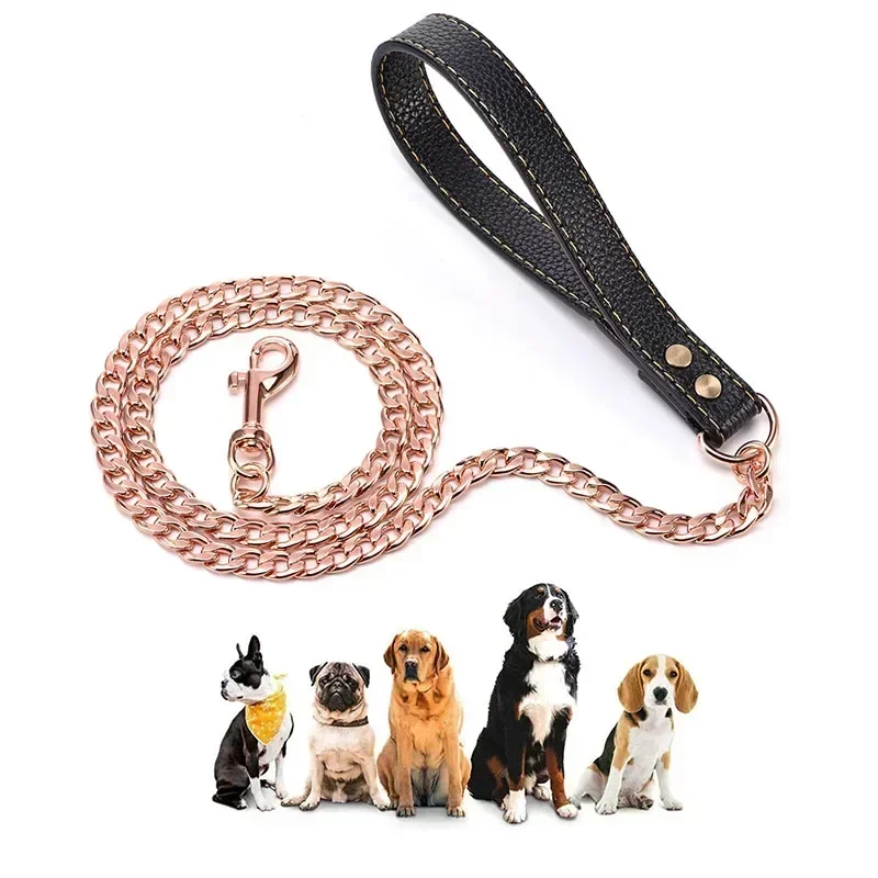 Rose Gold Pets NK Leash Stainless Steel Black Dogs Link Chain Metal Silver Dog Leash with PU Leather for Small Big Dog Product