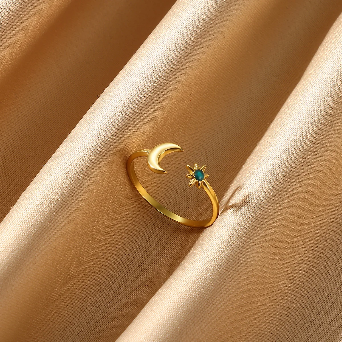 Zirkon Mond Stern Ring für Frauen Gold Farbe Edelstahl Geometrische Offenen Ring Hochzeit Schmuck Geschenk