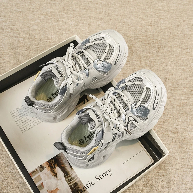 

Детская повседневная обувь, сетчатая однотонная модная обувь на плоской подошве для детей, противоскользящая, серо-фиолетовая, размеры 32-41