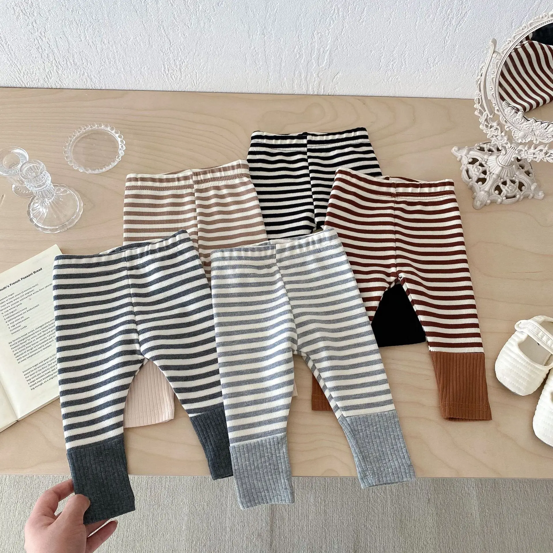 2024 Autumn New Baby Leggings Cotton Girls Striped Patchwork Leggings Infant Stretch Pants Toddler Trousers Boys Clothes