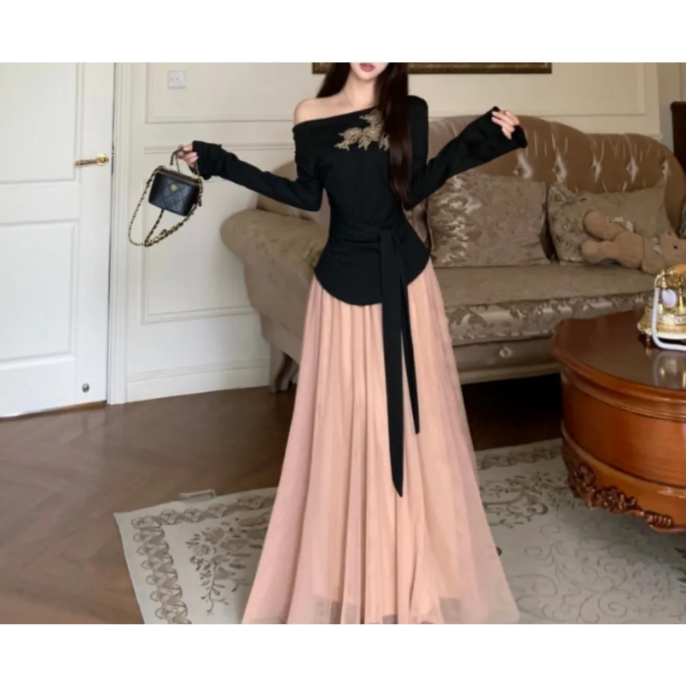 

casual Elegant Knit Diagonal collar mesh autumn Dresses Evening High Street Plus Size Clothing Two Piece Set