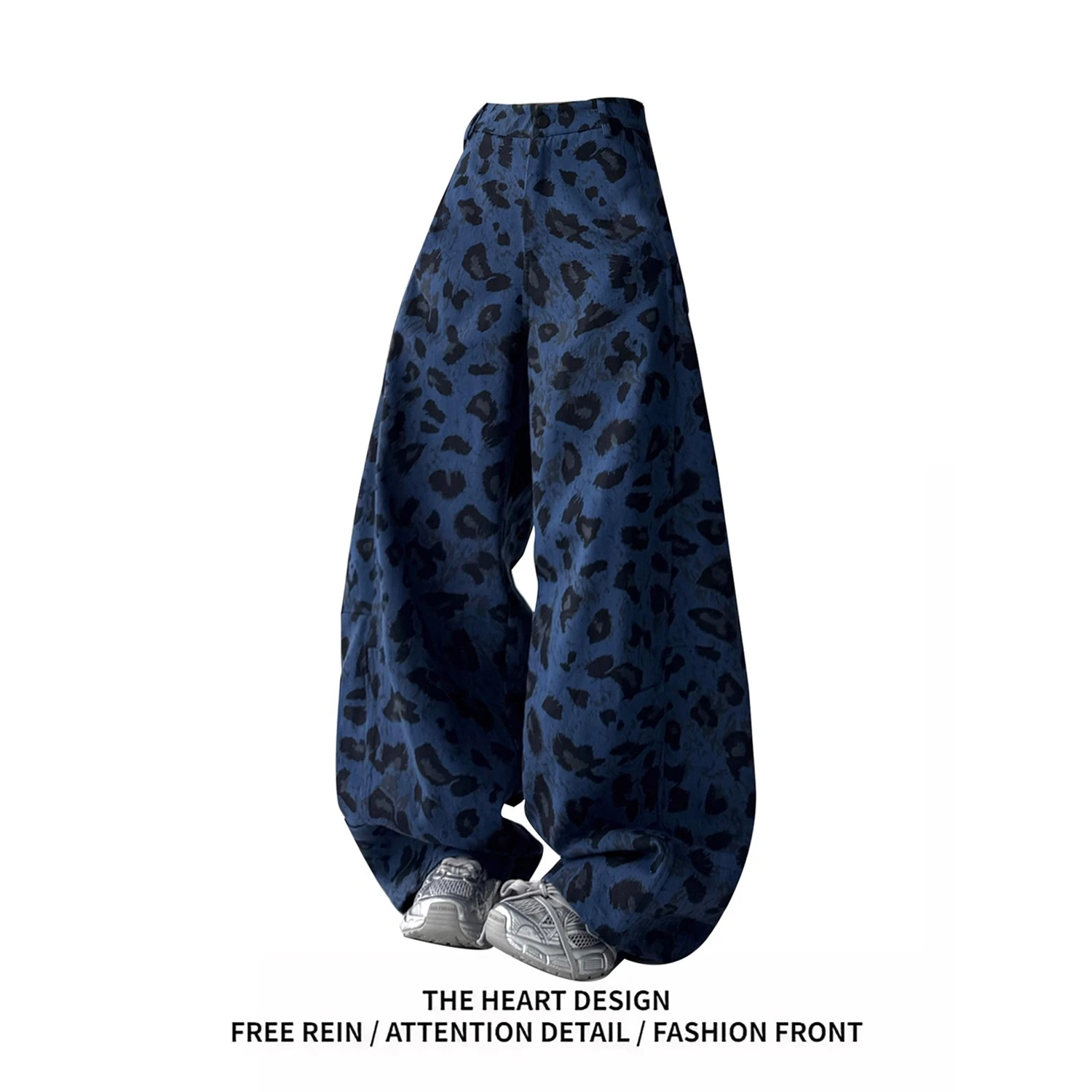 

Y2K Women's Blue Leopard Print Denim Wide Leg Pants New Fashion Oversized Loose High Waist Streetwear Casual Trousers