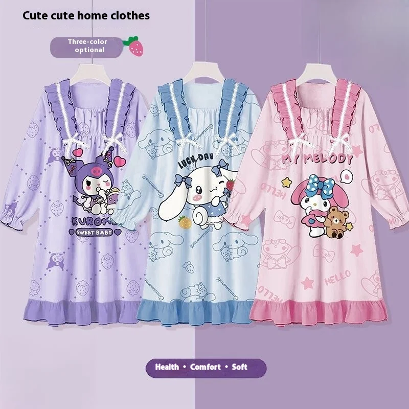 Sanrio Kuromi Children's Spring and Autumn Modal Pajamas Girls Cartoon Anime Sleeping Skirt Comfortable Long Sleeve Home Skirt