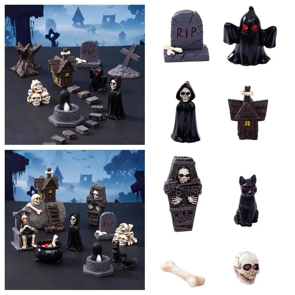 

Mini Halloween Miniature Figurine Bone Skull Coffin House Chair Cartoon Scary Ghost Statue Car Decoration Resin