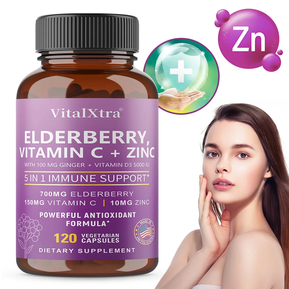 

Elderberry Capsules - 5 in 1 Immune Support and Antioxidant Supplement with Vitamin C, Vitamin D3 5000 IU, Zinc, Ginger