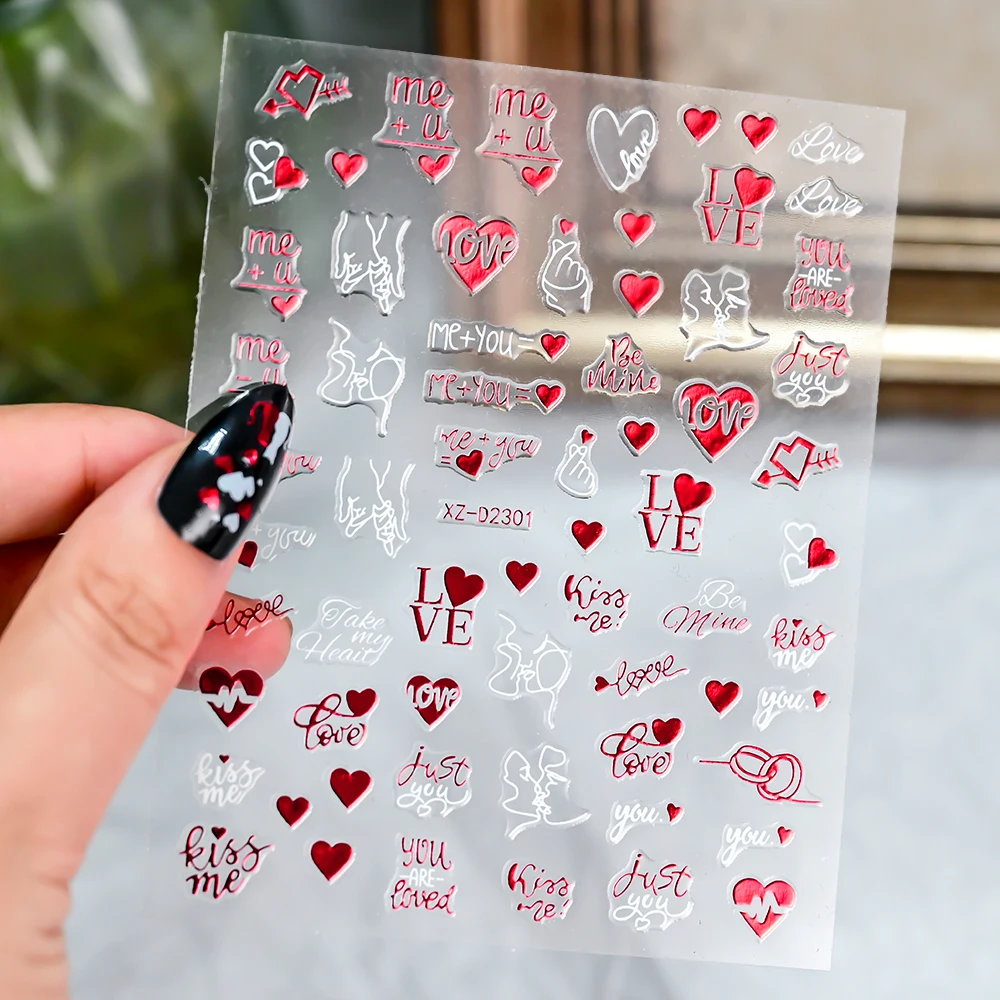 12 Uds. De pegatinas 3D rojas para decoración de uñas del Día de San Valentín, pegatinas para uñas en forma de corazón rojo/gato/labio Y2k, pegatinas para manicura de corazón de amor rojo-1Kit