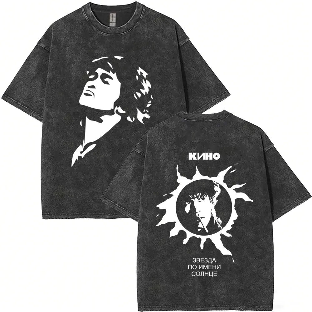 Washed Vintage Kino Viktor Tsoi Face Graphic T Shirt Men Women Casual Gothic Oversized T-shirt Classic Rusian Rock Streetwear