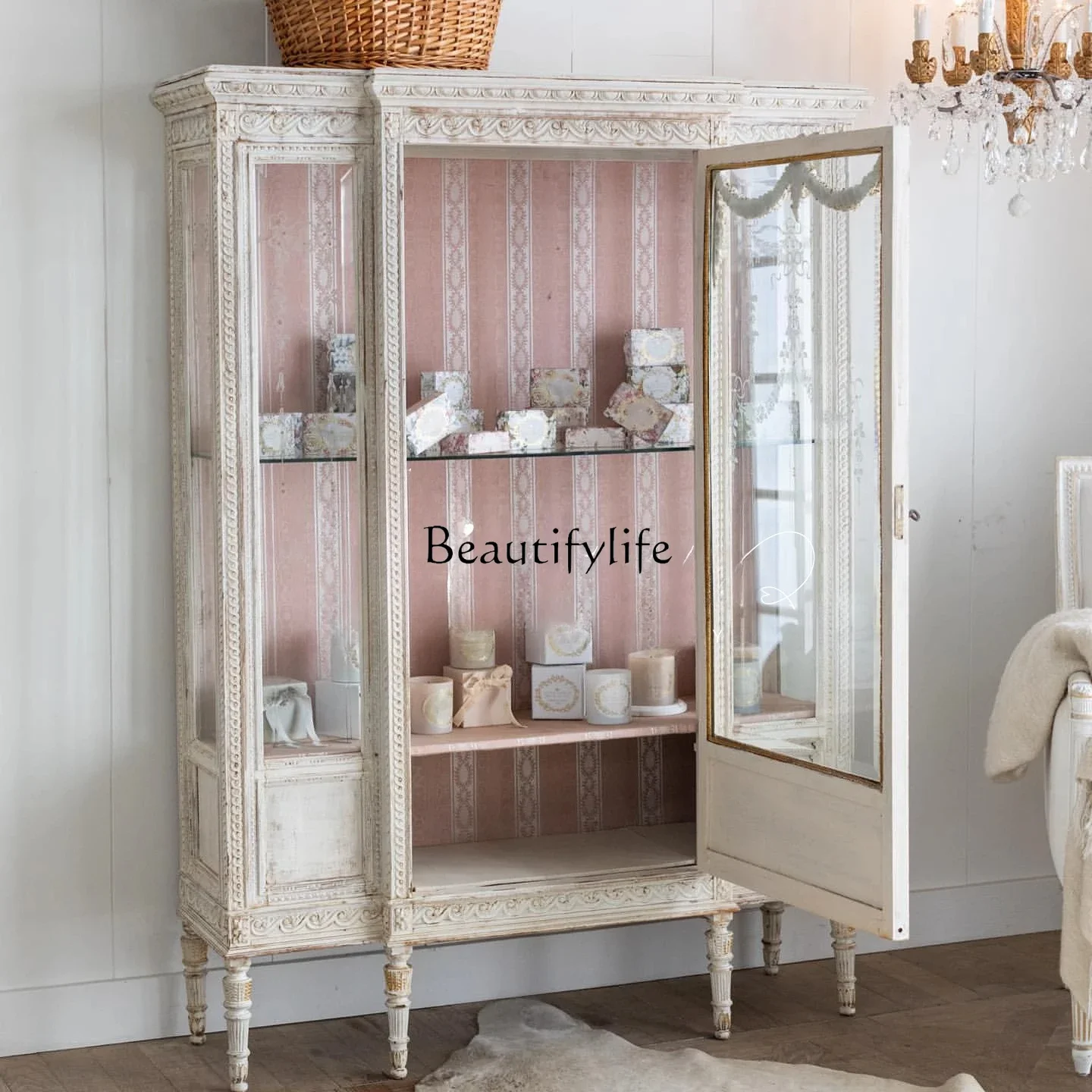 

yj7 French Antique-Style White Distressed Solid Wood Carved Sideboard Single Door Decorative Cabinet High-End Furniture