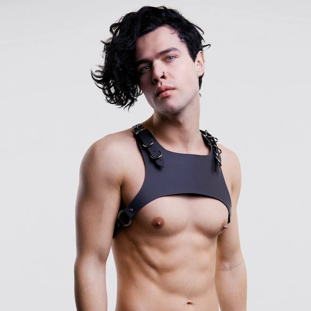 Gay Punk Sexy breast Harness Men Open-chested Genu Leather Harness Vest Starps Male Mature Leather Shoulder Belts Body Bondage view 5
