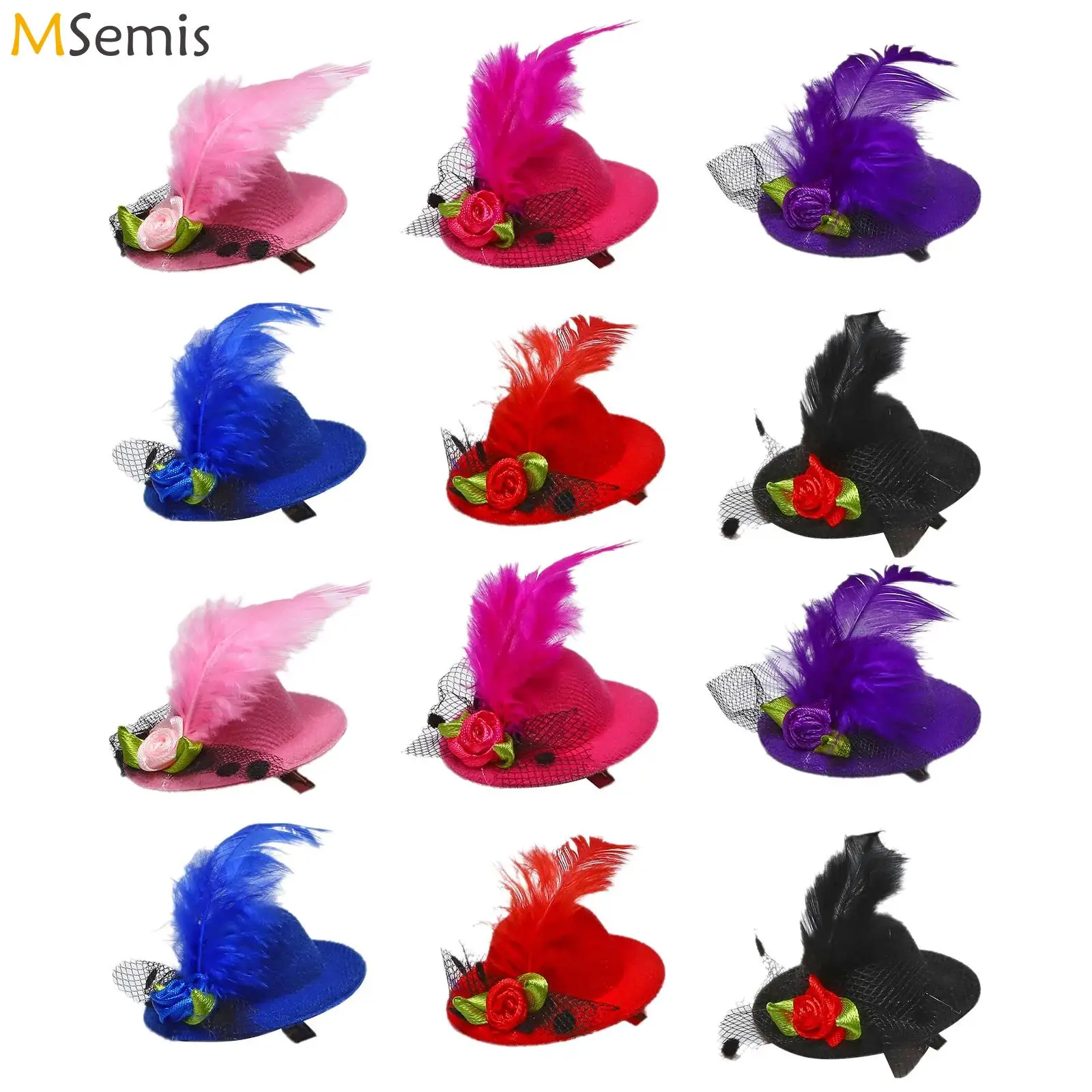 12pcs Tea Party Hats Fascinator Girls Mini Top Hat Fascinator Decorative with Flowers Feather Mesh Hair Barrette Hair Hairpin