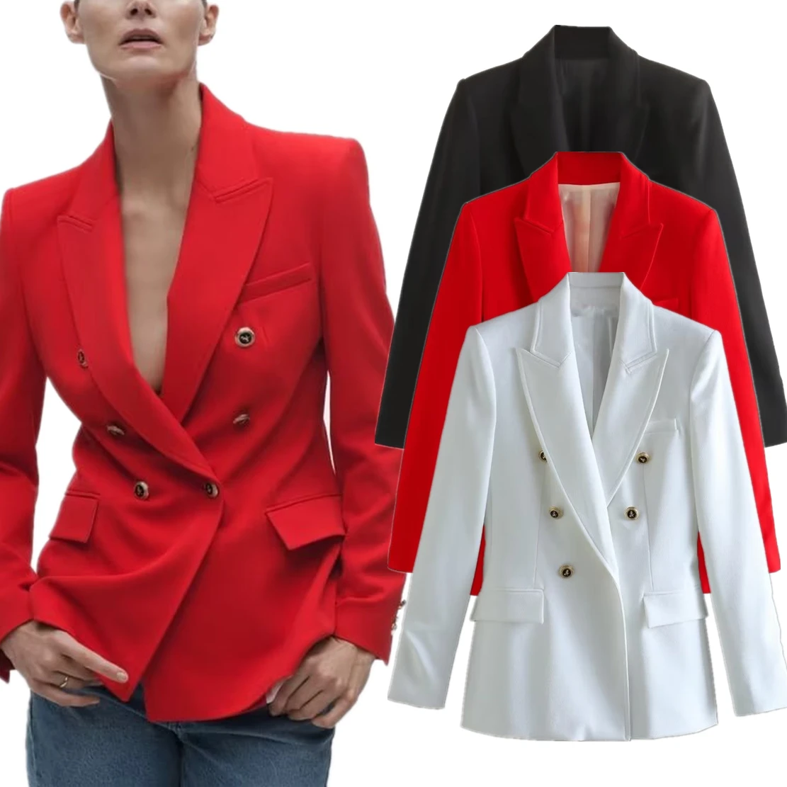 

Withered French Fashion Ladies Office Ladies Solid Color Retro Double Breasted Casual Suit Simple Jacket Coat Women Tops