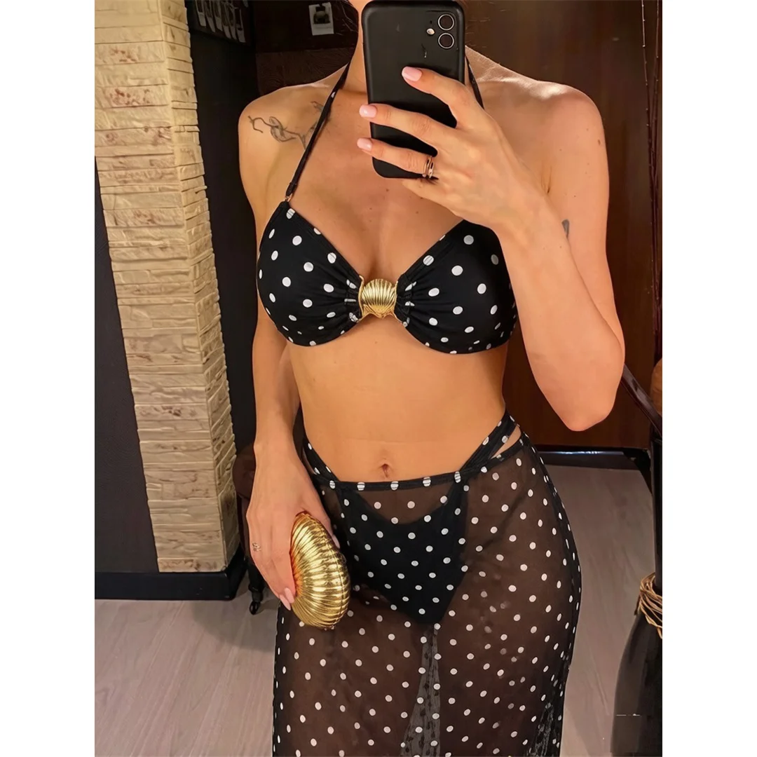 Polka Dots mit Rock, Neckholder-Bikini, Damen-Badebekleidung, dreiteiliges Bikini-Set, Badeanzug, Badebekleidung, Schwimmanzug V8313 – Detail 3