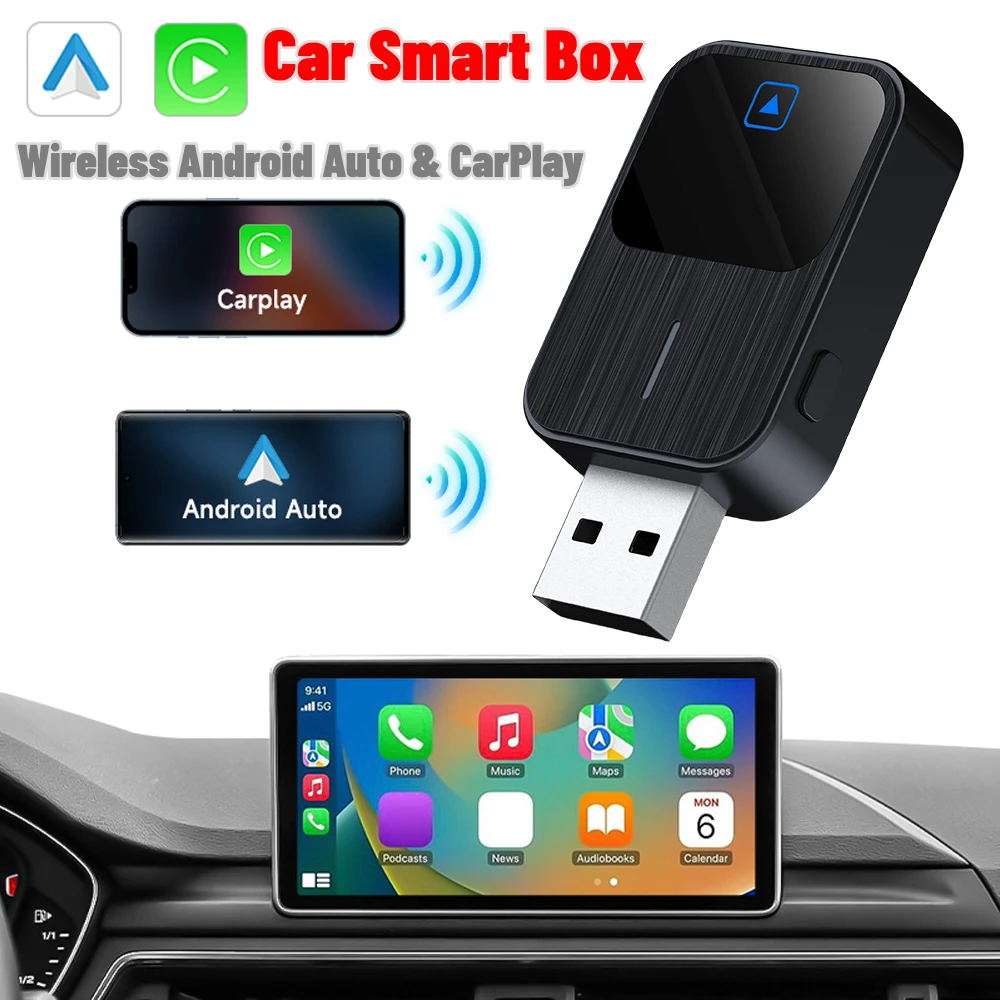 Wireless Android Auto & CarPlay Car Smart Mini Box 2 in 1 Dongle Bluetooth 5.2 WiFi AI Box Fast Stable Connection Plug and Play