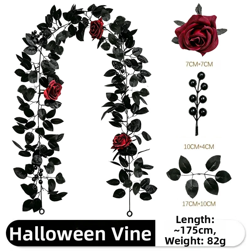 Bendable Iron Stem Garland for Halloween Featuring Black Leaves and Red Roses Compatible with Multiple Display Areas