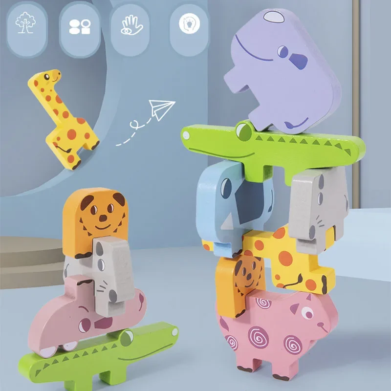 Montessori Animale in legno Impilabile Blocco Gioco Forma Corrispondenza Equilibrio Fine Motor Training Giocattoli educativi per bambini