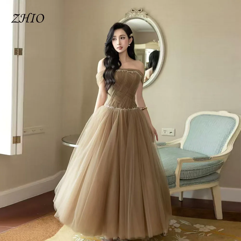 

ZHIO Elegant Brown Tulle Evening Dress Off Shoulder Beading A-Line Special Occasion Prom Gown for Woman Saudi Arabic Customized