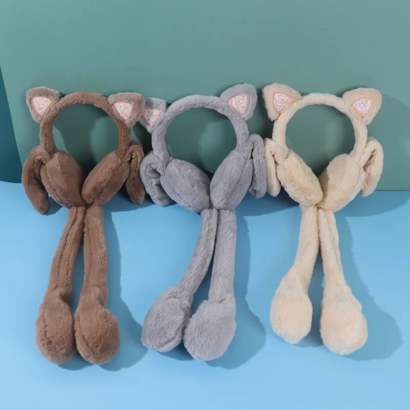 Earmuffs Funny Plush Cat Earmuff Moving Jumping Kitten Earwarmer Cute Unisex Animal Ear Flap for Children Toddler Solid Color